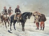a painting of a group of men riding horses in the snow
