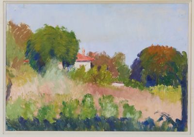 an image of a painting of a house in a field