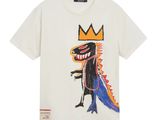 a white t - shirt with a drawing of a dinosaur wearing a crown