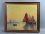 a painting of a sailboat in the water with other boats in the background