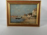 an image of a painting of a beach scene with a boat in the water