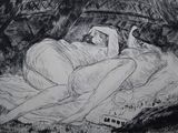 drawing of a woman laying on a bed with a remote control in her hand