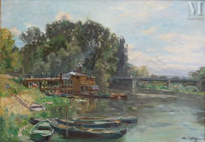 un tableau représentant une scène fluviale avec des bateaux sur l'eau