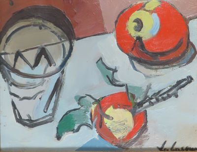 un tableau représentant une pomme et une tasse posées sur une table