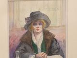 a painting of a woman sitting at a table with a glass of wine