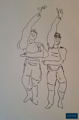 dessin représentant deux hommes debout l'un à côté de l'autre, les mains en l'air