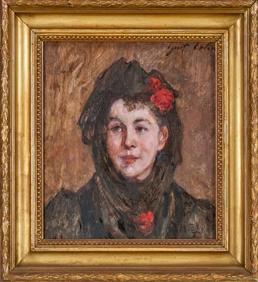an oil painting of a woman with a red flower in her hair