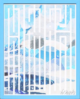 a blue and white painting of a bird in a cage