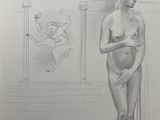 a drawing of a woman standing in front of a vase