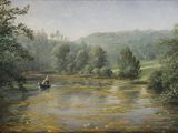 un tableau représentant un homme dans un bateau sur une rivière