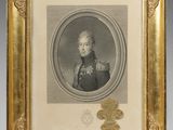 a framed portrait of a man in military uniform in a gold frame