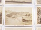 several old black and white photographs of people walking on a bridge