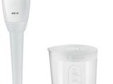 the blender is white and has a red button on the handle