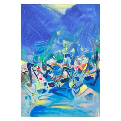 a painting of a group of people riding bicycles on a beach