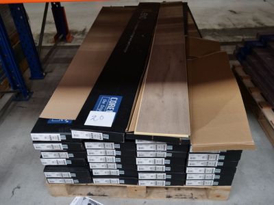 several boxes of wood are stacked on a pallet in a warehouse