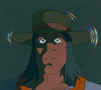 une image animée représentant un homme portant un chapeau et ayant les cheveux longs