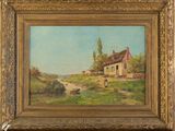 an oil painting of a house on a hill with a dog in the foreground
