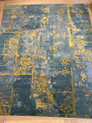 Tapis moderne noué main couleur bleu et jaune, moutarde 3000…