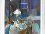 un tableau représentant une table sur laquelle sont posés une théière et des tasses