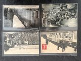 several old black and white photos of a train and people