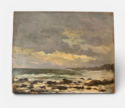 une peinture à l'huile représentant une scène de plage avec des rochers et de l'eau