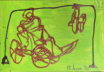 peinture représentant un dessin d’un homme à vélo avec un homme en scooter