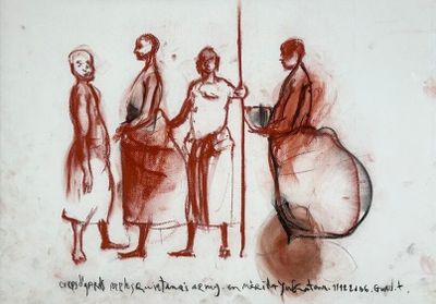 dessin représentant un groupe de personnes debout les unes à côté des autres sur un mur