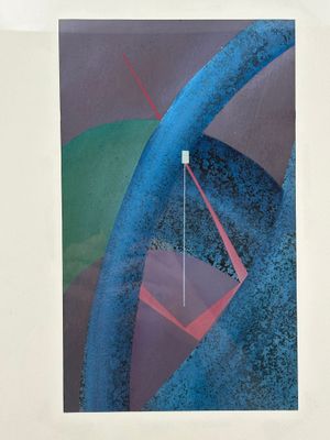 une image représentant une peinture d'un objet bleu et rose, avec un objet vert en arrière-plan