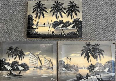 Vues du Vietnam. Trois huiles sur toile, signées en bas à dr…