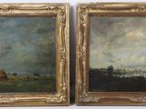 paire de peintures à l'huile du XIXe siècle représentant un paysage au bord d'une rivière