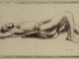 drawing of a nude male reclining on the floor in a frame