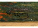 an oil painting of a green and red landscape with a bird on it