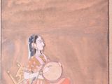 an old painting of a woman sitting on a chair in a field