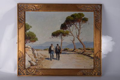 tableau représentant deux hommes marchant sur un chemin de terre, avec des arbres en arrière-plan