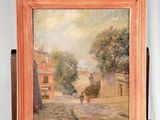 une peinture à l'huile représentant une scène de rue avec une personne marchant dans la rue