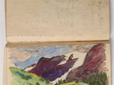 an open book with a drawing of a mountain scene on it