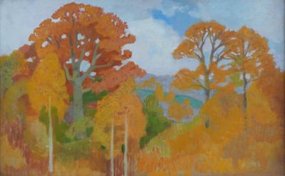 an image of a painting of trees in a field with a sky background