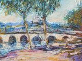 une peinture à l'huile représentant un pont enjambant une rivière, avec des arbres au premier plan