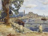 une aquarelle représentant un pont enjambant un plan d'eau