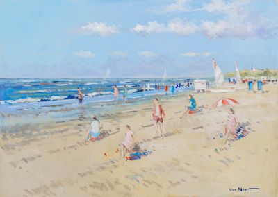 une peinture représentant une scène de plage avec des gens sur le sable