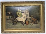 an image of a painting of a woman sitting at a table with pots and pans