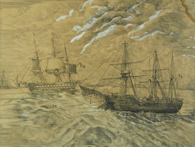 Navires en mer. Dessin. Trace de signature et daté 1899 (?) …