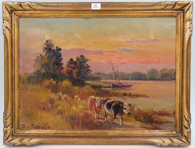 une peinture à l'huile représentant des vaches marchant le long d'un sentier près d'un plan d'eau