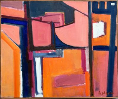 abstract painting of orange, blue, and pink shapes in a wooden frame