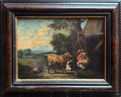 une peinture à l'huile représentant un homme s'occupant d'une vache dans un décor rural