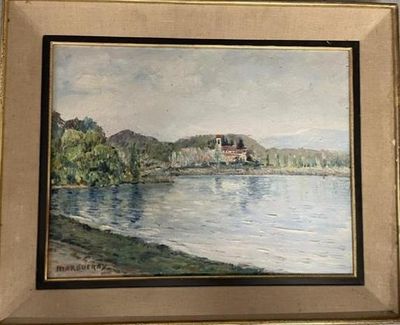 tableau représentant une maison au bord d'un lac, avec un bateau dans l'eau