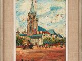 an oil painting of a church with a clock tower in the background