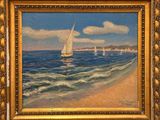 an oil painting of sailboats on the beach in a gold frame