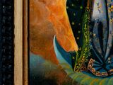 an oil painting of a woman in a blue dress holding a star