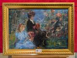 un tableau représentant une femme et un enfant assis sur un banc